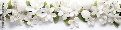 A group of white flowers with green leaves