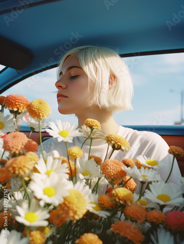 Summer Drive with Blooming Beauty  A stylish woman enjoys a summer car ride  surrounded by a bouquet of white flowers  embracing mindfulness and relaxation  highlighting the positive perception of wel