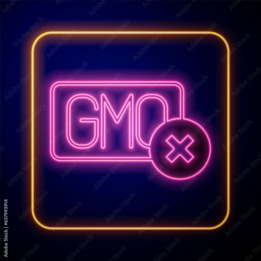 Glowing neon No GMO icon isolated on black background. Genetically modified organism acronym. Dna food modification. Vector