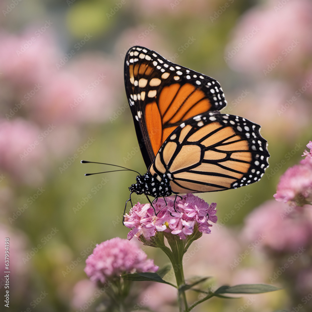 Obraz premium Nature's Rest: Monarch Butterfly Perched Gracefully on a Beautiful Wildflower