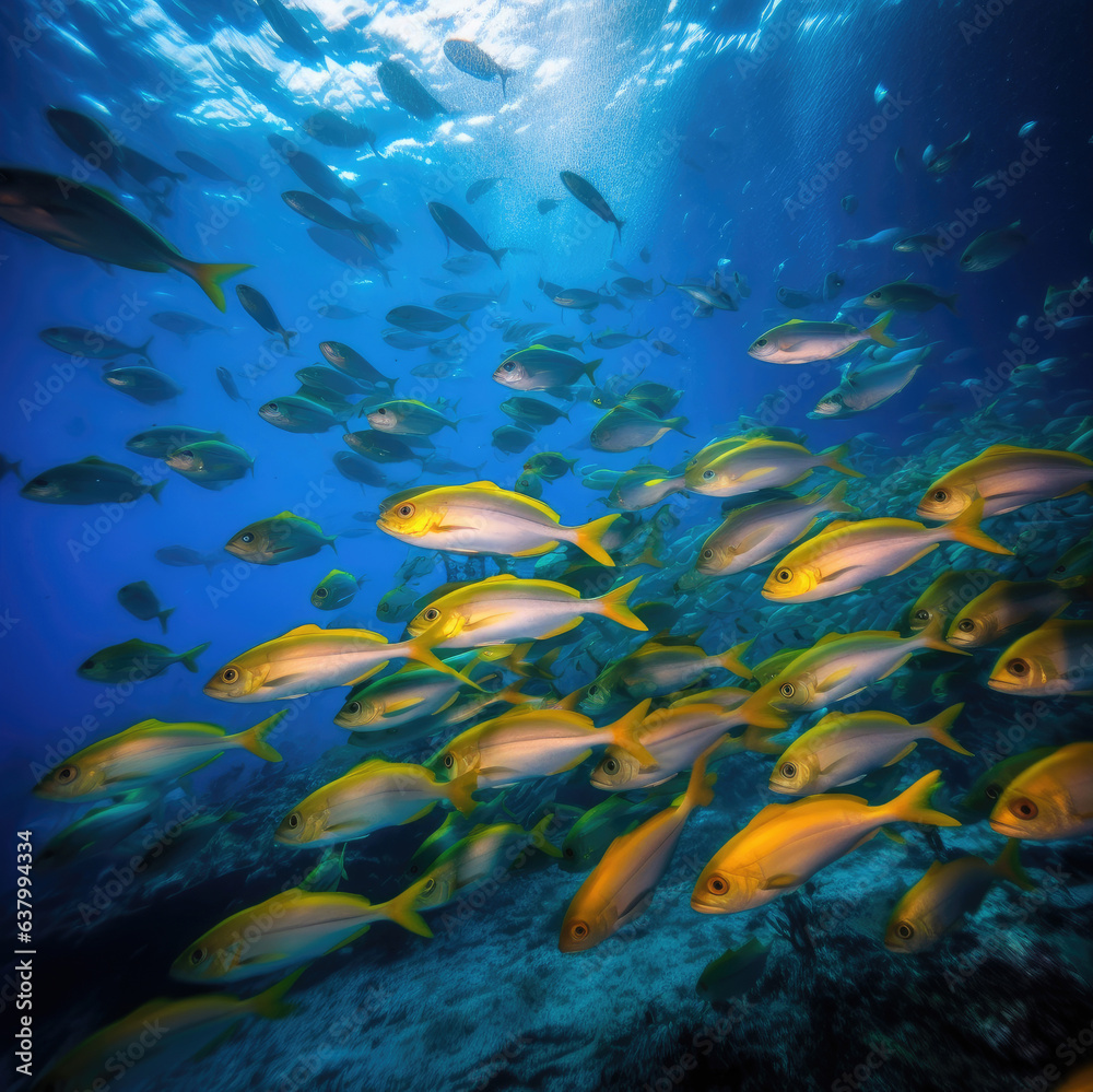 Fototapeta premium Fish surrounded by young ones in clear deep sea, vivid color