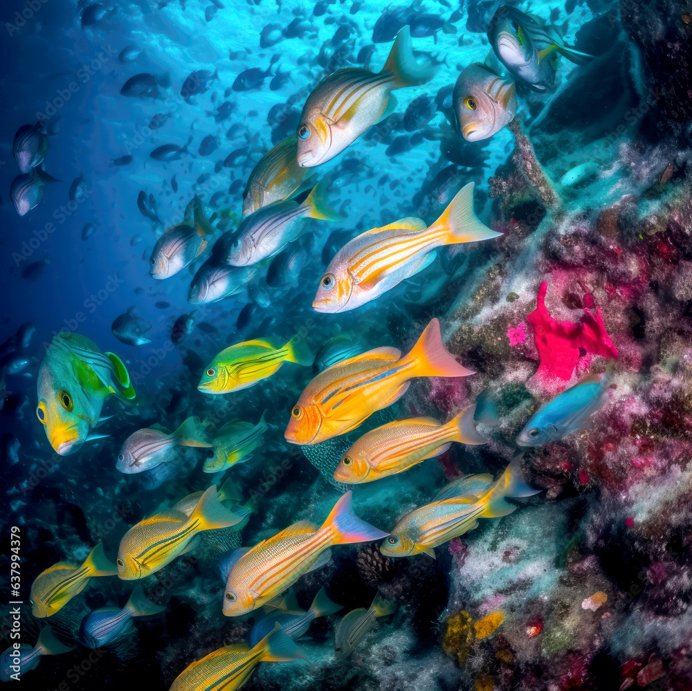 Fototapeta premium Fish surrounded by young ones in clear deep sea, vivid color