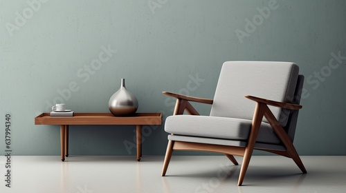 Gray interior with blue armchair  wood side table  and grey wall