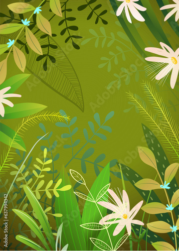 Hand drawn forest nature with leves plants and flowers. Tropical doodle frame illustration for events and flyers. Colorful nature vector graphics in watercolor style.