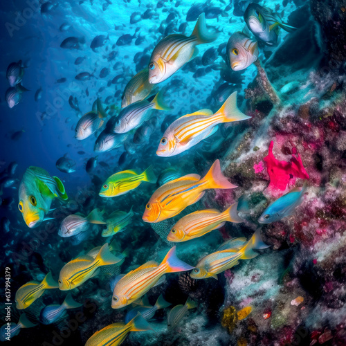 Fish surrounded by young ones in clear deep sea, vivid color © Artemiy