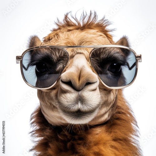 close-up of Camel with sunglasses on white background