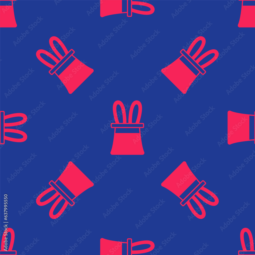 Fototapeta premium Red Magician hat and rabbit ears icon isolated seamless pattern on blue background. Magic trick. Mystery entertainment concept. Vector