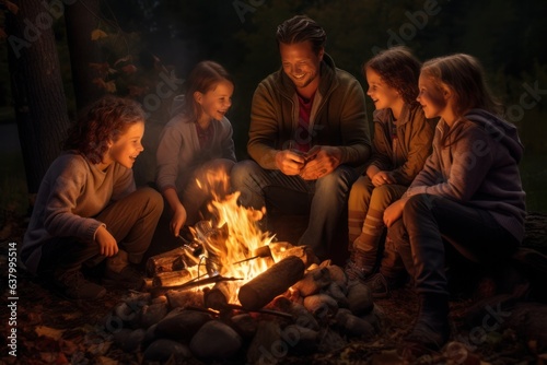 Family by campfire in forest, nature, friends, vacation, flames. Concept of nature and togetherness.
