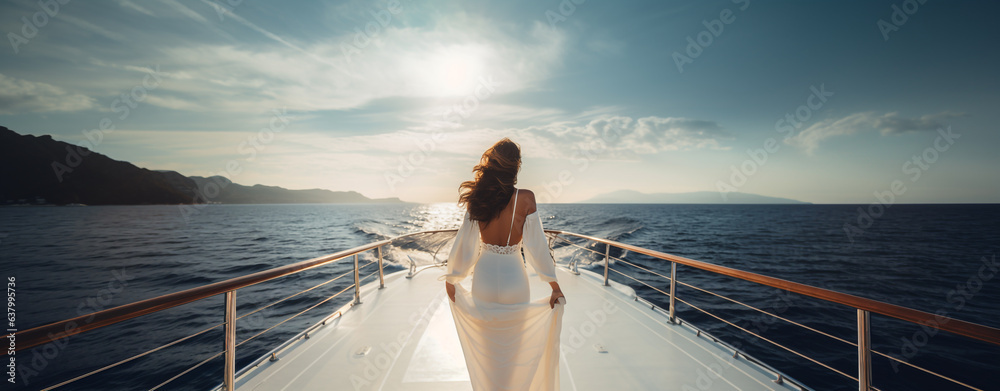 young beautiful woman admiring the sunset on the deck of a luxury yacht, legal AI - obrazy, fototapety, plakaty 