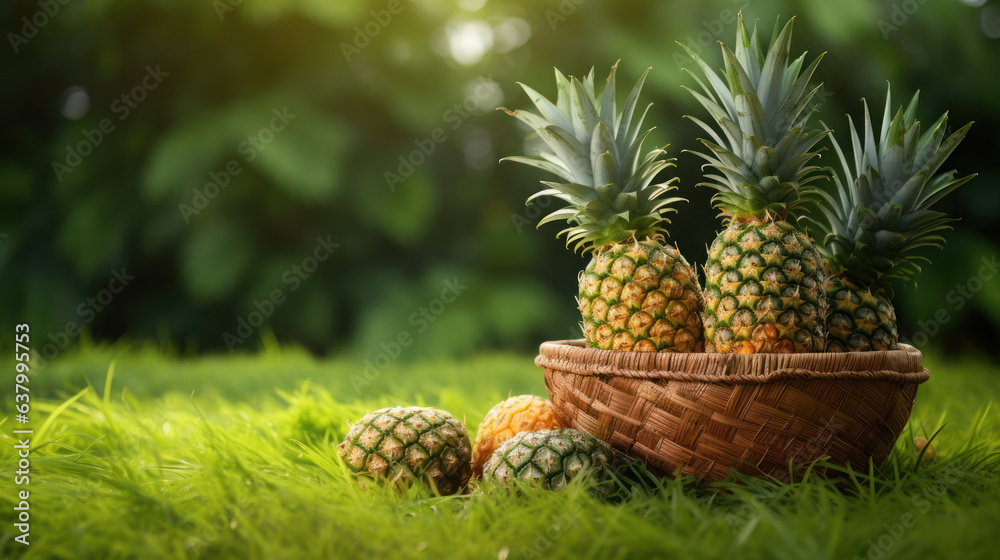 Pineapple on the basket in the green grass background