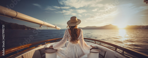 a young woman with long hair sits on the deck of a luxury yacht admiring the sunset, legal AI