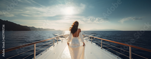 young beautiful woman admiring the sunset on the deck of a luxury yacht, legal AI