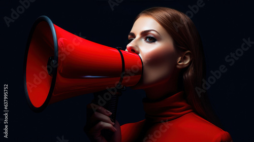 Megaphones woman in red suit on the isolated background