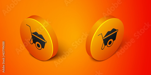 Isometric Wheelbarrow icon isolated on orange background. Tool equipment. Agriculture cart wheel farm. Orange circle button. Vector