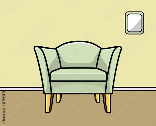 Sofa and couch red colorful cartoon illustration vector. Comfortable lounge for interior design isolated on golden background. Modern model of settee icon.