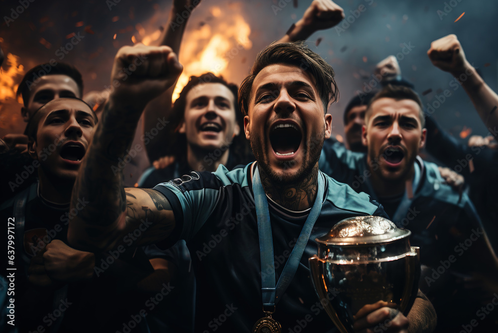 A group of Football Sports Team Holding a Cup in Blue Uniform Cheering a Victory in a game competition after making a goal at the stadium or a soccer field.  players training. generative ai - obrazy, fototapety, plakaty 