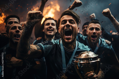 A group of Football Sports Team Holding a Cup in Blue Uniform Cheering a Victory in a game competition after making a goal at the stadium or a soccer field. players training. generative ai