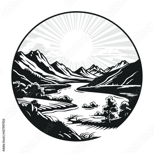 Mountain outdoor landscape logo illustration with vintage style, black and white logo