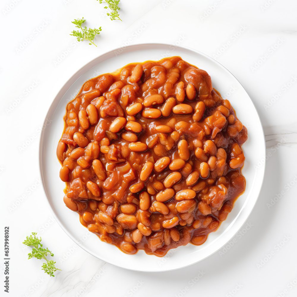 Baked Beans Canadian Dish On Plate On White Background Directly Above View Baked Beans Canadian Dish On Plate On White Background Directly Above View