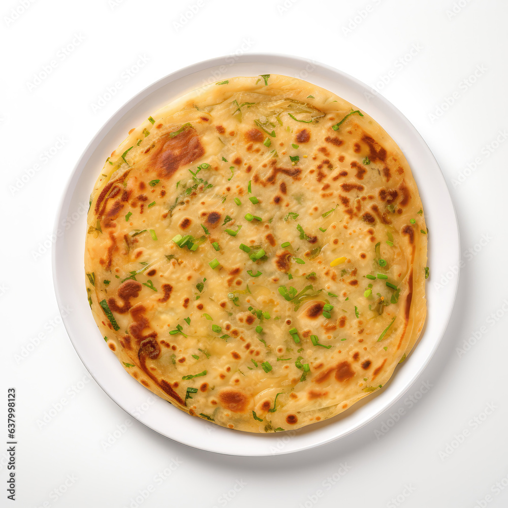 Aloo Paratha Pakistani Dish On Plate On White Background Directly Above View
