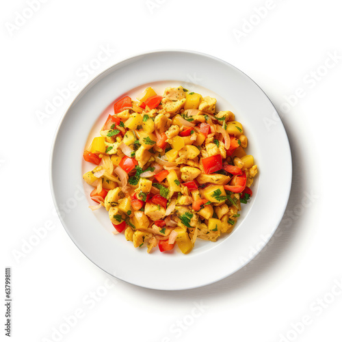Ackee And Saltfish Jamaican Dish On Plate On White Background Directly Above View