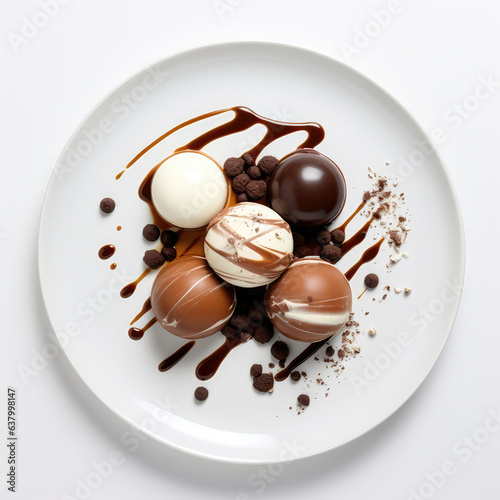 Belgian Chocolate Belgian Dish On Plate On White Background Directly Above View photo