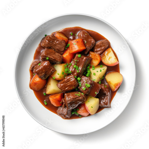 Beef Stew Swedish Dish On Plate On White Background Directly Above View