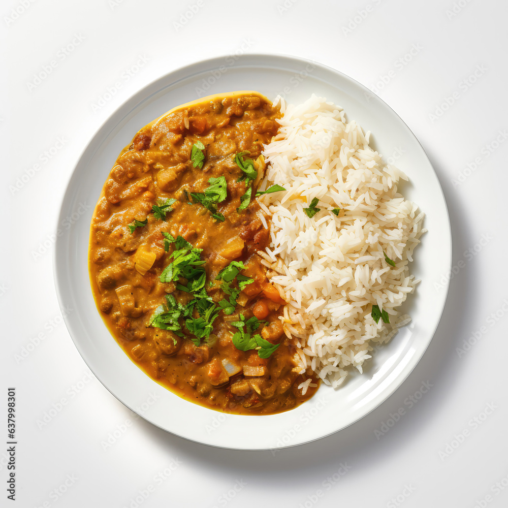 Daal Chawal Pakistani Dish On Plate On White Background Directly Above View