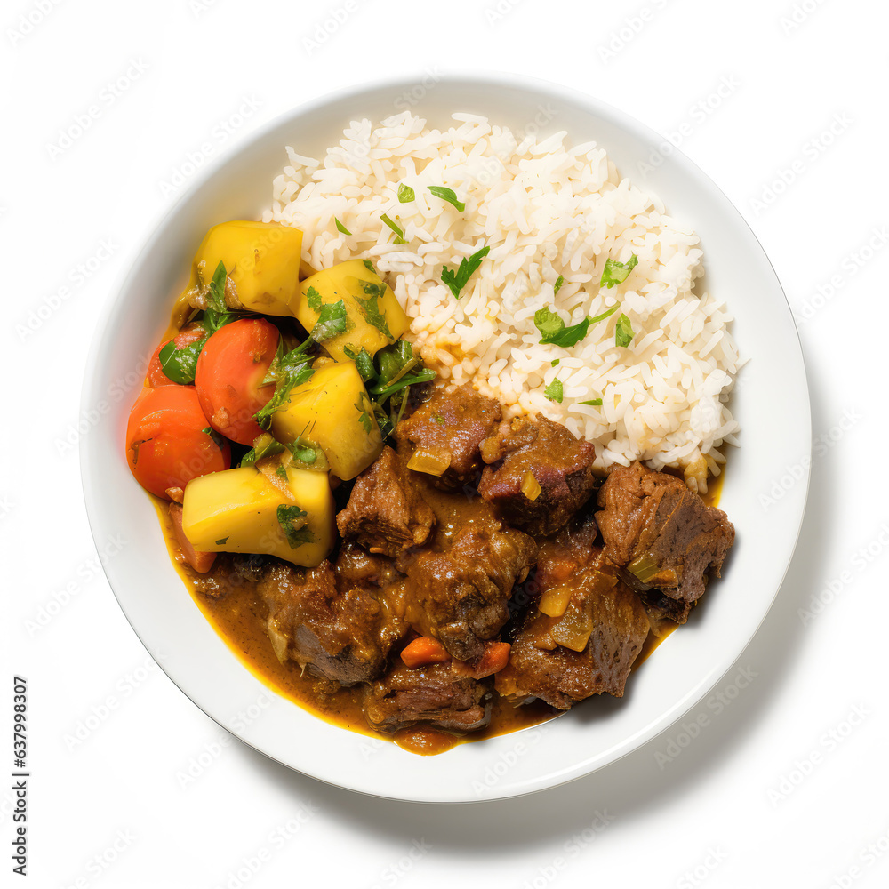 Curry Goat Jamaican Dish On Plate On White Background Directly Above View Curry Goat Jamaican Dish On Plate On White Background Directly Above View