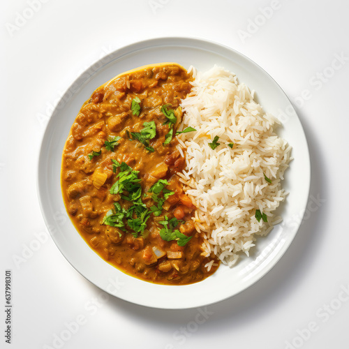 Daal Chawal Pakistani Dish On Plate On White Background Directly Above View photo