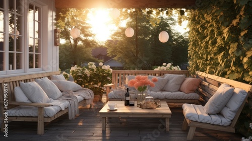 Cozy outside porch environment, cozy seating, Scandinavian design, golden hour. Generative AI