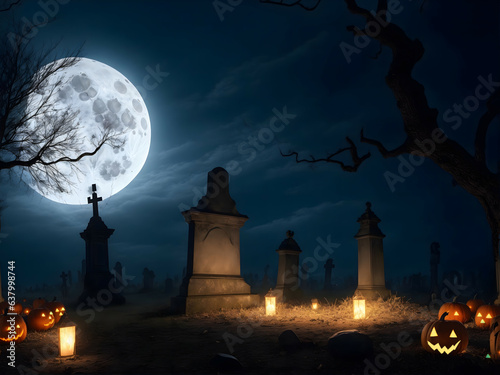 spooky Halloween night graveyard scene with moon