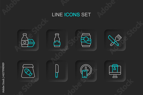 Set line Online ordering food, Round the clock delivery, Knife, fish, Crossed knife and fork, Soda can, Sauce bottle and icon. Vector © Iryna