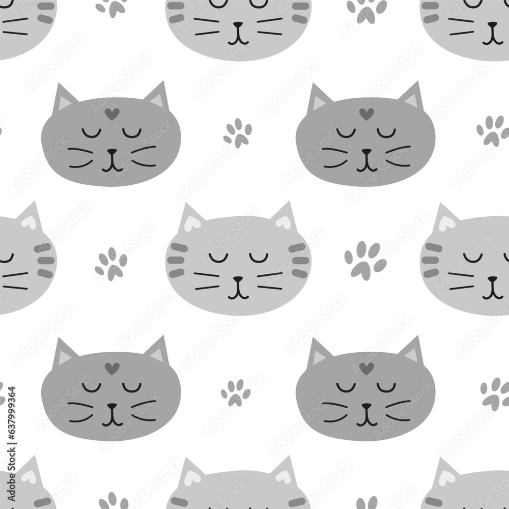 Seamless pattern with grey cat faces.