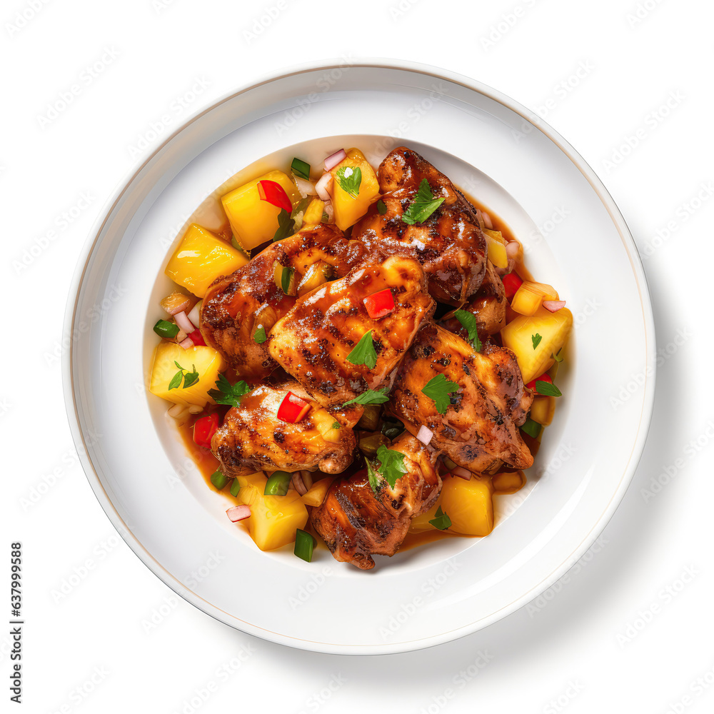 Jamaican Pineapple Chicken Jamaican Dish On Plate On White Background Directly Above View Jamaican Pineapple Chicken Jamaican Dish On Plate On White Background Directly Above View