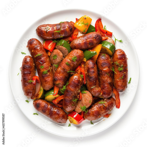 Hungarian Sausage Hungarian Dish On Plate On White Background Directly Above View photo
