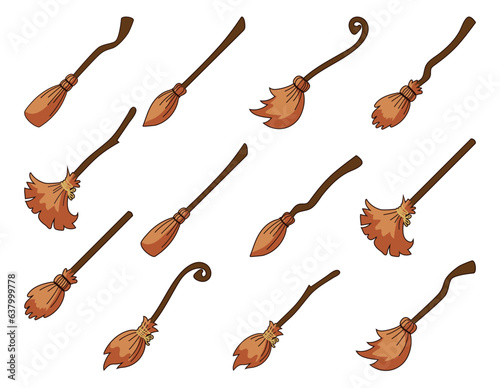 Witch brooms. magic broom illustration set isolated on white background