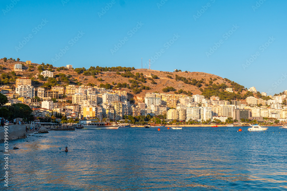 Panoramic view of the beach and the city from Saranda Beach on the Albanian Riviera in Sarande, Albania