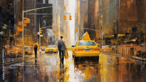oil painting on canvas, street view of New York, yellow taxi, modern Artwork, American city, illustration New York (ai generated)