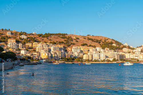 Panoramic view of the beach and the city from Saranda Beach on the Albanian Riviera in Sarande  Albania