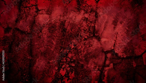 Black blood red grunge or horror background. Old rough concrete distressed texture. The wall of the building with cracks. Close-up. Crushed broken damaged surface. Creepy spooky concept.