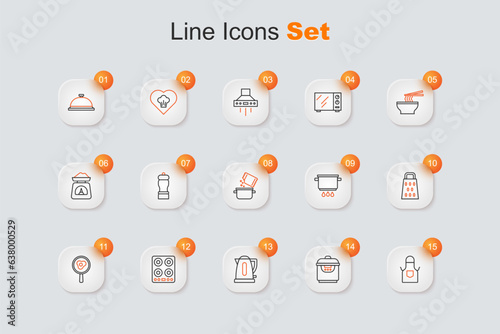 Set line Kitchen apron, Slow cooker, Electric kettle, Gas stove, Fried eggs frying pan, Grater, Cooking pot fire and and spice icon. Vector