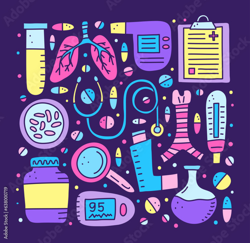 Set of doodle colorful pulmonology items.