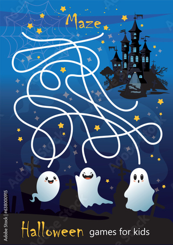 Mini games for children, Halloween. labyrinth with ghosts. book for preschooler