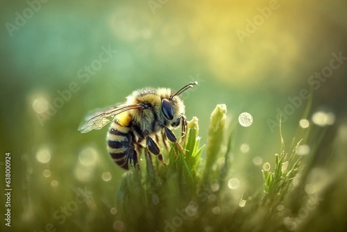 Bee in meadow in nature outdoors on blurred grass, daylight, generated ai