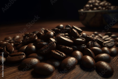 Coffee beans on on wooden table background, freshly roasted coffee beans are piled on the table and a wooden bowl, generated ai