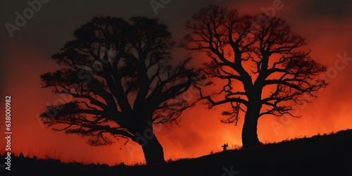 sunset in the forest. Black silhouette of a tree. Night sky with fiery orange red clouds. Fire in the forest. Or horror. Bloody sunset