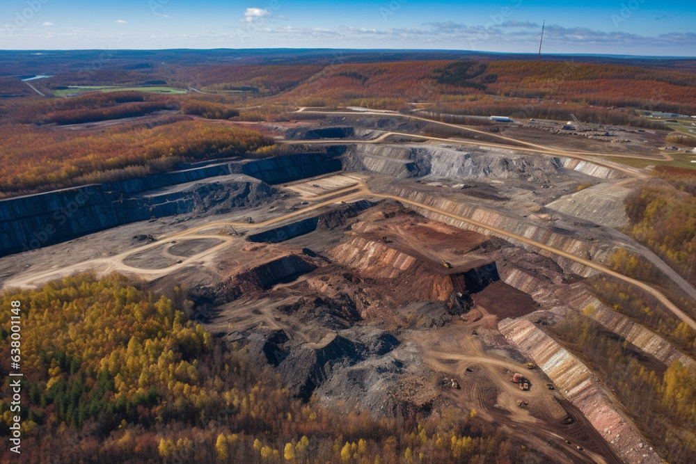 Aerial panoramic view of a mine site with special equipment, heavy industry, generated ai