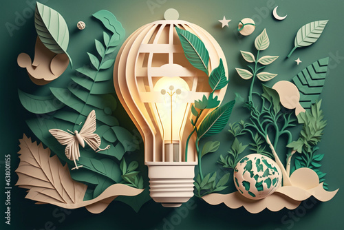 Paper art style eco friendly planet, clean energy concept with green plants and light bulb, zero CO2 emission program, light bulb with leaves, generated ai