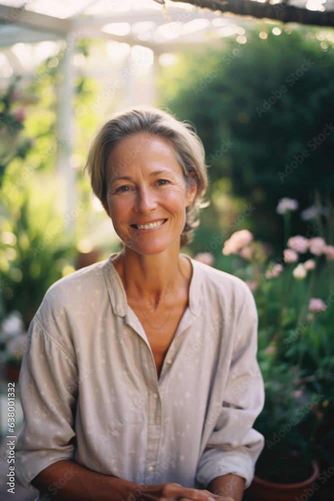 Smiling middle aged woman at garden single mature Smiling middle aged woman at garden single mature